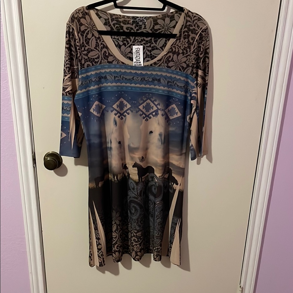 Angelina Blue and Tan Casual Dress with Raglan Sleeves